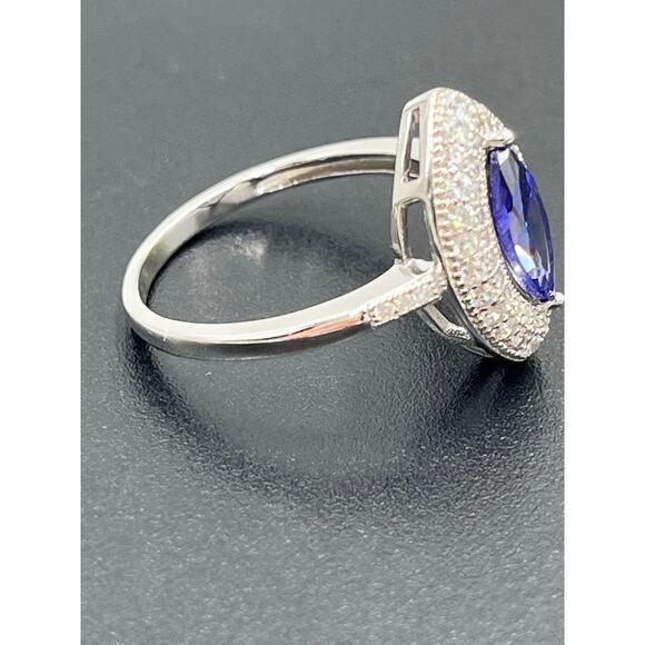 Sterling Silver Marquise Iolite CZ Double Halo Ring Size 8.75 Vintage Style - Picture 9 of 10